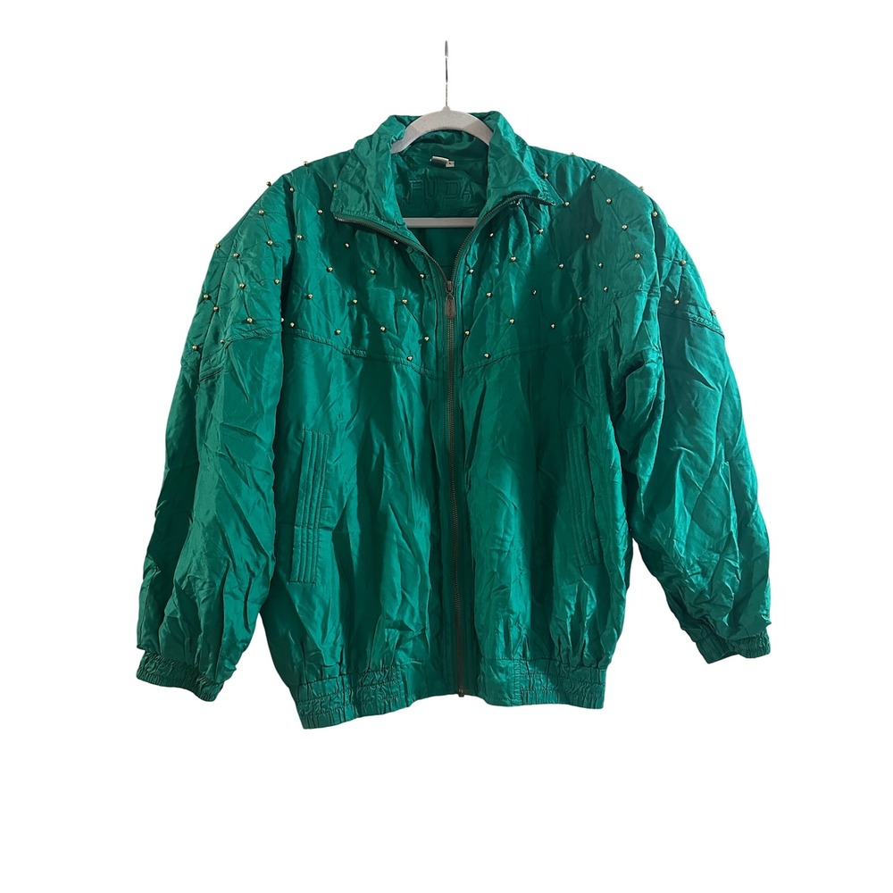 Vintage 90s Fuda‎ International 100% Silk Bomber Jacket Emerald Green Gold Large